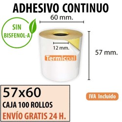Papel térmico 57x60x12 Adhesivo continuo Envío Urgente Gratis