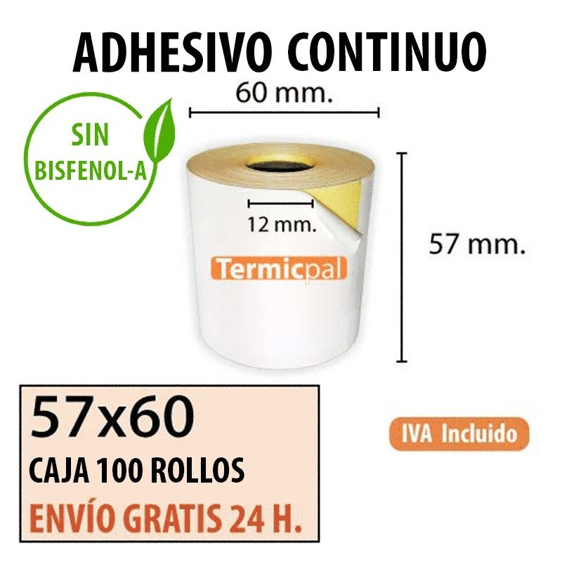 Papel térmico 57x60x12 Adhesivo continuo Envío Urgente Gratis