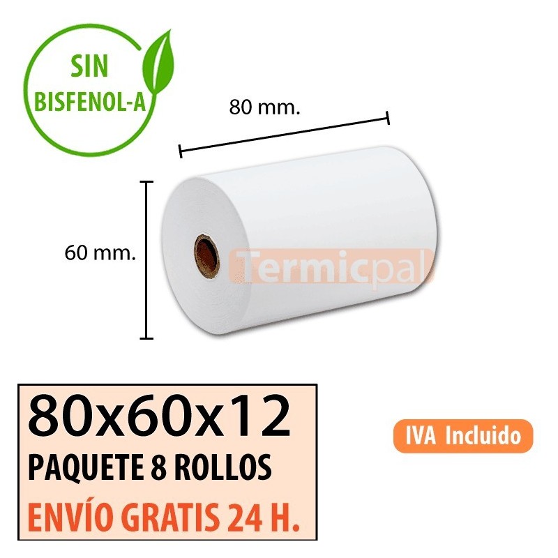 8 ROLLOS DE PAPEL TÉRMICO 80X60X12