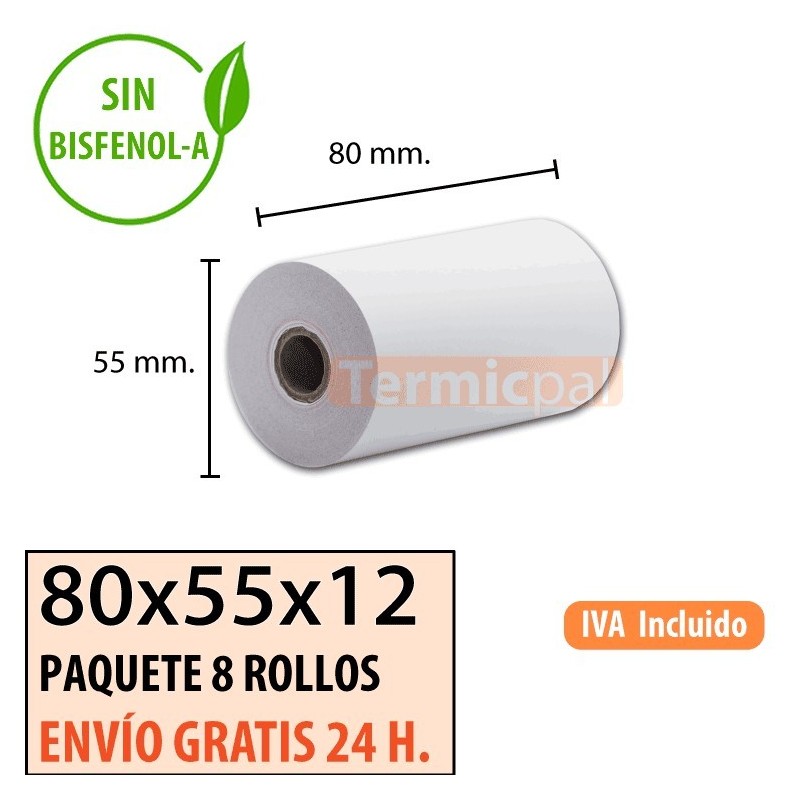 8 ROLLOS PAPEL TÉRMICO 80X55