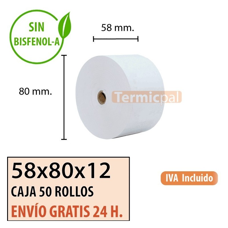 50 Rollos Papel Térmico 58X80X12