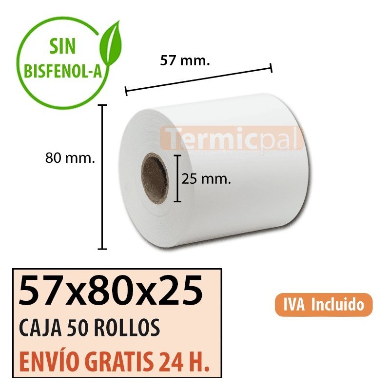 50 ROLLOS DE PAPEL TÉRMICO 57x80x25