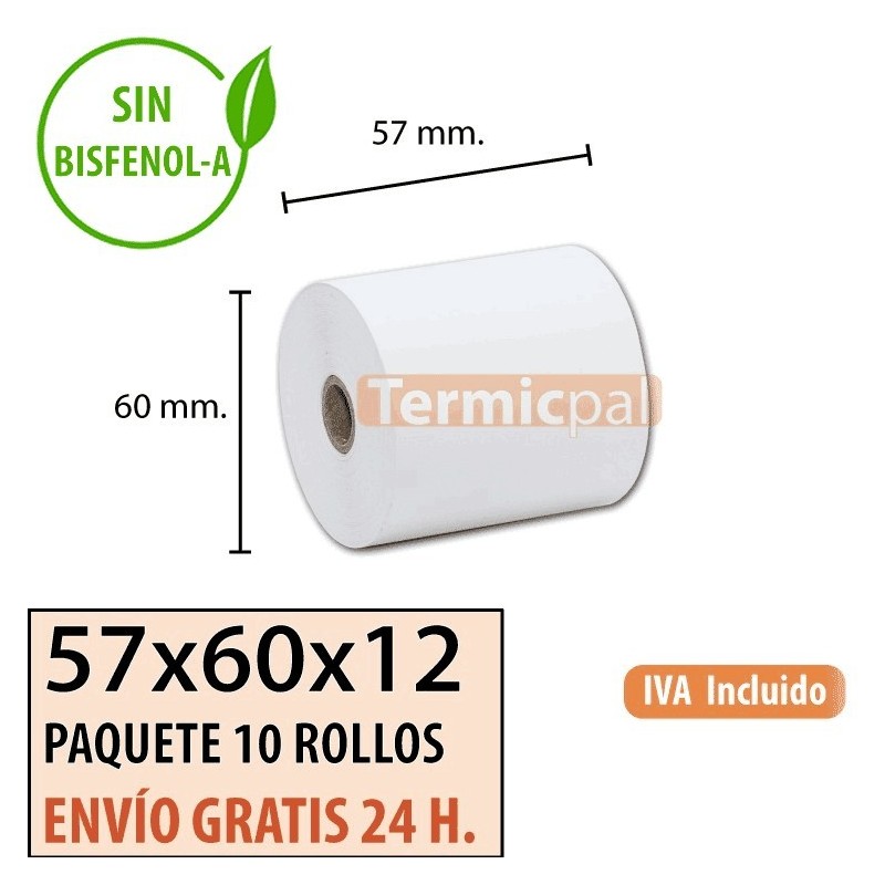 10 ROLLOS DE PAPEL TÉRMICO 57X60X12