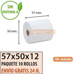 10 ROLLOS DE PAPEL TÉRMICO 57X50X12