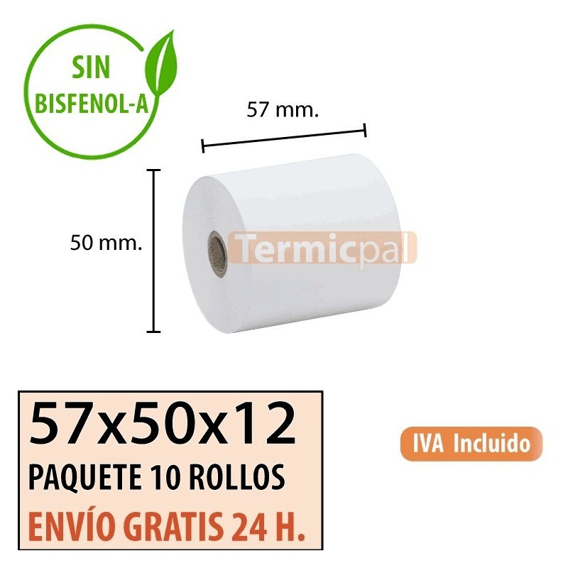 10 ROLLOS DE PAPEL TÉRMICO 57X50X12