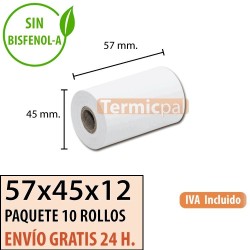 10 ROLLOS DE PAPEL TÉRMICO 57X45X12