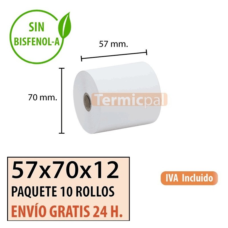 100 ROLLOS DE PAPEL TÉRMICO 57X70x12