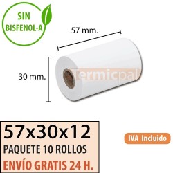 10 ROLLOS DE PAPEL TÉRMICO 57x30x12