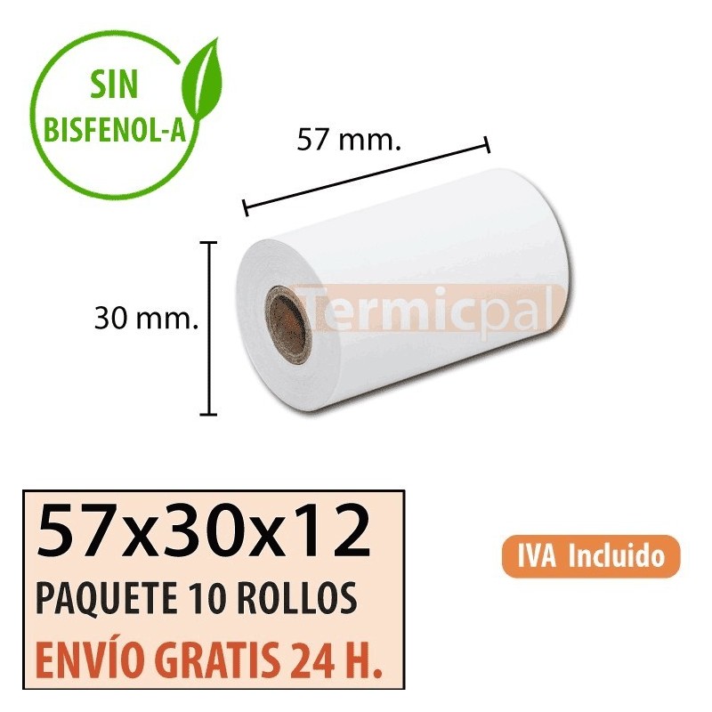 10 ROLLOS DE PAPEL TÉRMICO 57x30x12