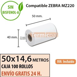 100 Rollos Térmicos 50 x 14.6metros. Para ZEBRA MZ220﻿ – *50x40x12*