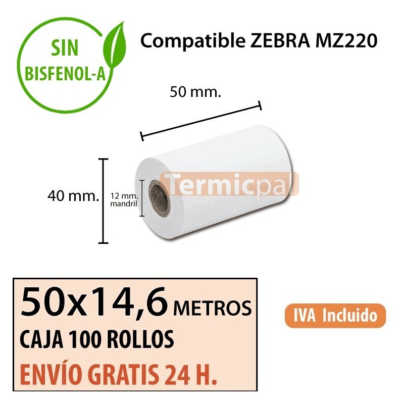 100 Rollos Térmicos 50 x 14.6metros. Para ZEBRA MZ220﻿ – *50x40x12*