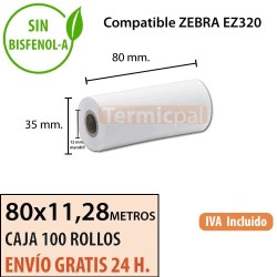 100 Rollos Térmicos 80 mm x 11.28m. Para ZEBRA EZ320 – *80x35x12*