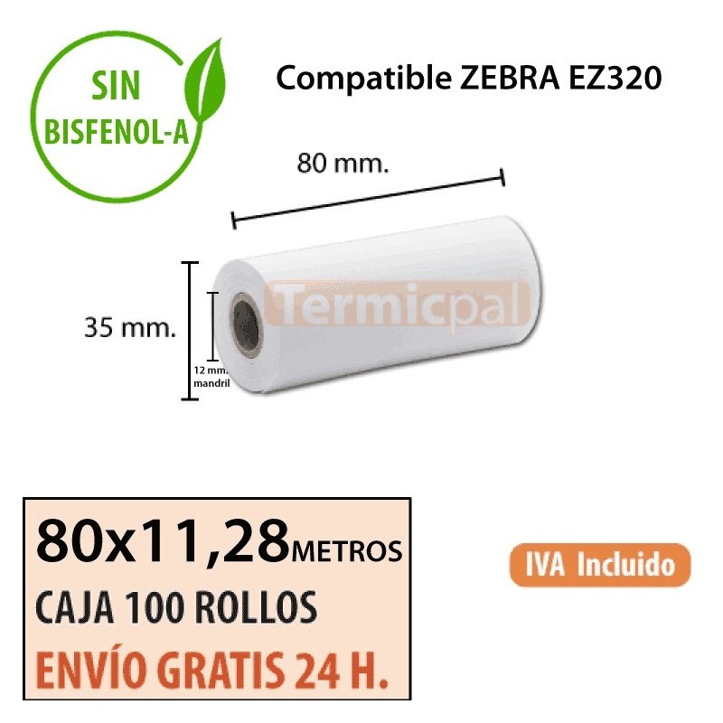 100 Rollos Térmicos 80 mm x 11.28m. Para ZEBRA EZ320 – *80x35x12*