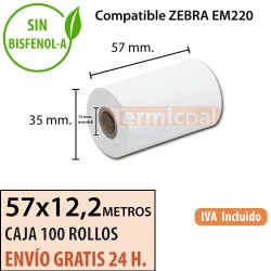100 Rollos Térmicos 57 x 12.2 metros. Para ZEBRA EM220 – *57x35x12*