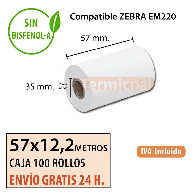 100 Rollos Térmicos 57 x 12.2 metros. Para ZEBRA EM220 – *57x35x12*