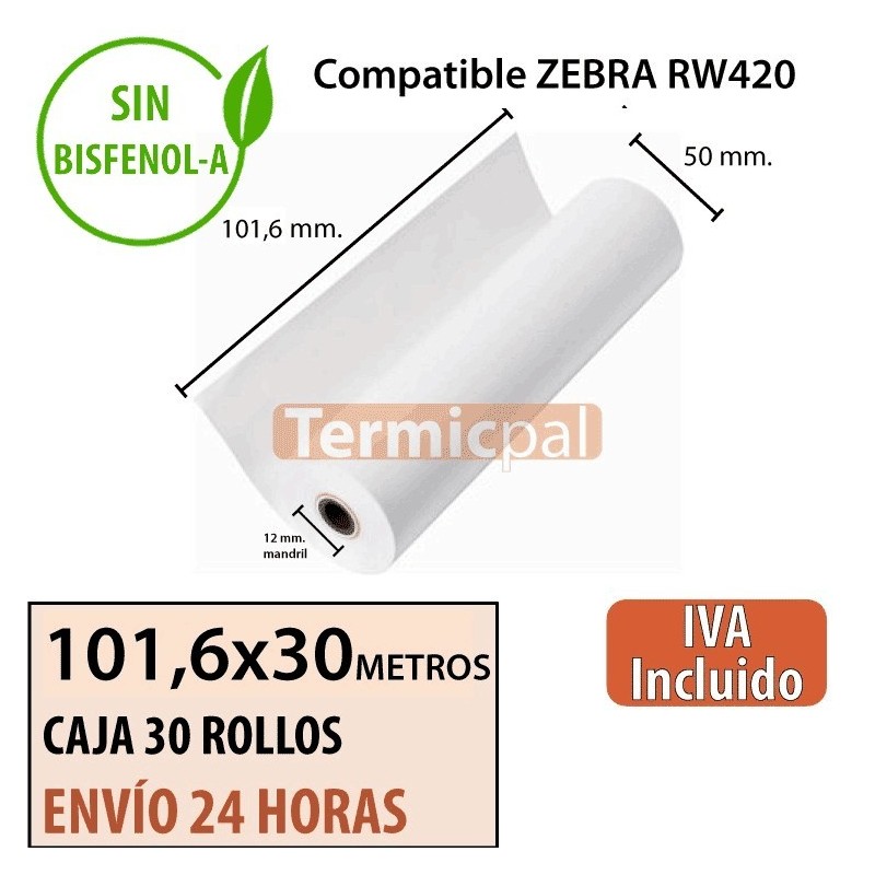 30 Rollos Térmicos 101.6mm x 30m. Para ZEBRA RW420 – *101,6x55x12* 30 Rollos Térmicos 101.6mm x 30m. Para ZEBRA RW420 – *101,6x55x12*