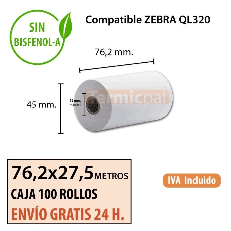 100 Rollos Térmicos 76.2mm x 27.5m. Para ZEBRA QL320 – *75x45x12* 100 Rollos Térmicos 76.2mm x 27.5m. Para ZEBRA QL320 – *75x45x12*