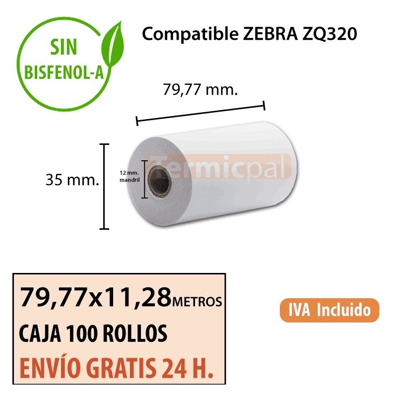 100 Rollos Térmicos 80 mm x 11.28m. Para ZEBRA EZ320 – *80x35x12*