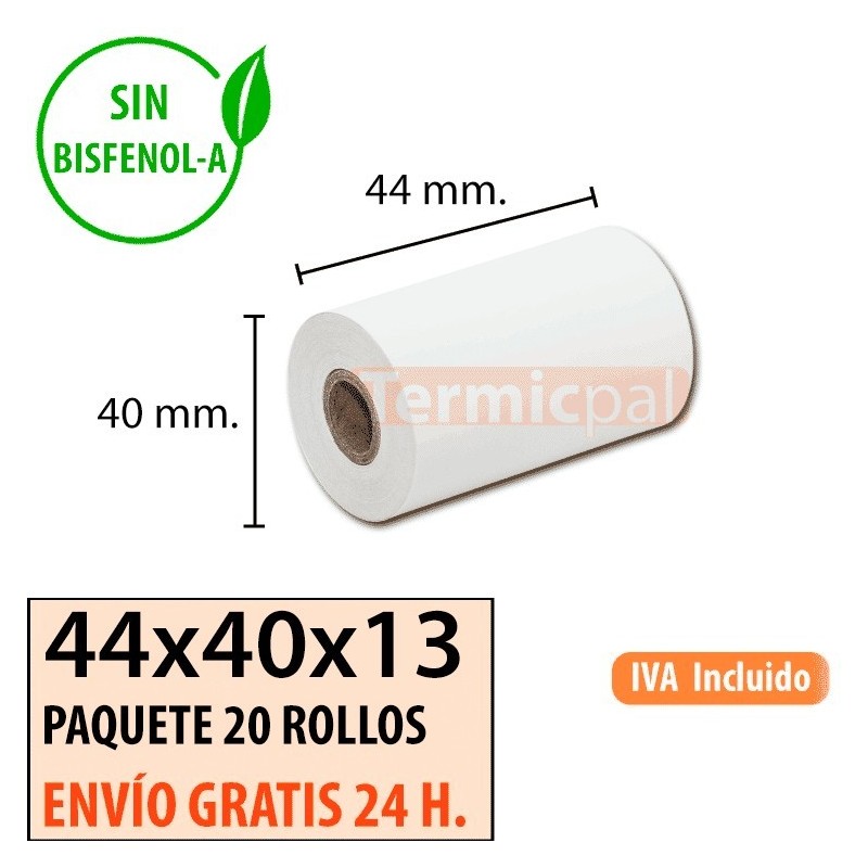 20 ROLLOS PAPEL TERMOGRAFO 44x40x13 OFFSET