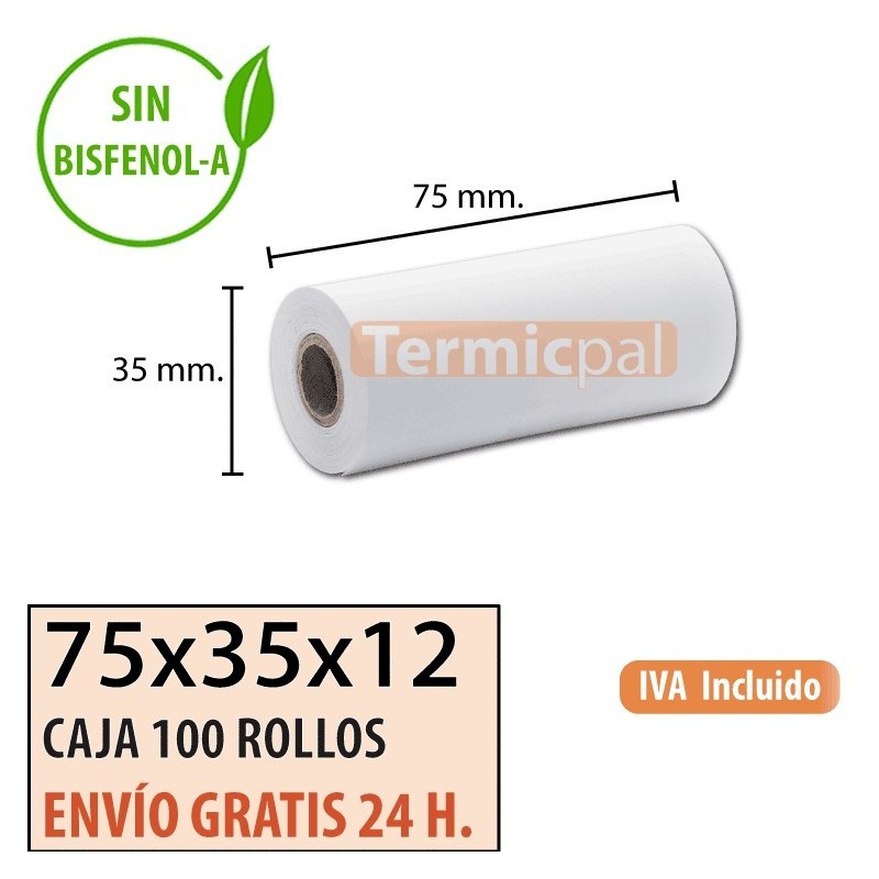 100 ROLLOS DE PAPEL TÉRMICO 75X35X12