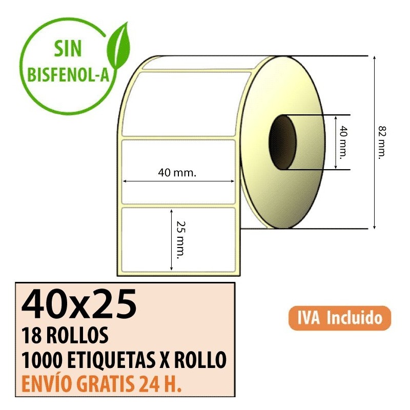 40x25 - 18 Rollos Etiquetas Térmicas