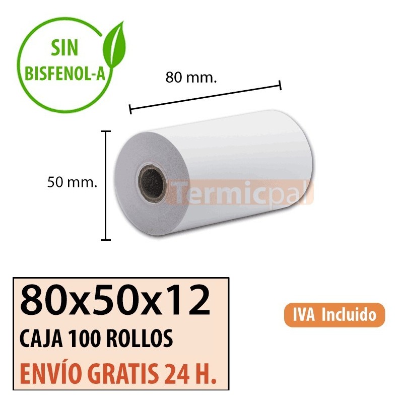 100 ROLLOS DE PAPEL TÉRMICO 80X50X12
