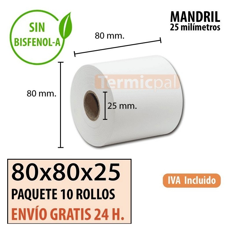 10 ROLLOS DE PAPEL TÉRMICO 80X80x25