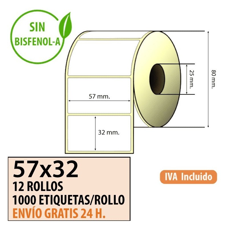 57x32 - 12 Rollos Etiquetas Térmicas