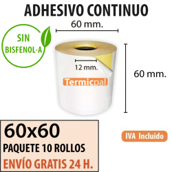 CAJA 10 ROLLOS TÉRMICO 60X60X12 ADHESIVO