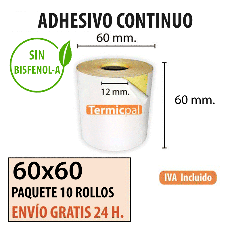CAJA 10 ROLLOS TÉRMICO 60X60X12 ADHESIVO