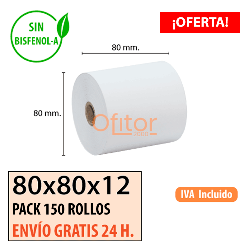 150 ROLLOS DE PAPEL TÉRMICO 80X80X12