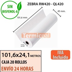 20 Rollos Térmicos 101.6mm x 24.1m. Para ZEBRA QL420 y RW420 – *102x45x12*