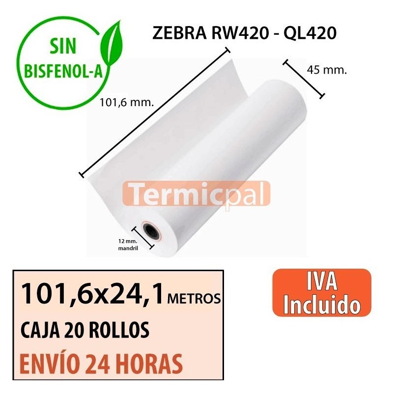 20 Rollos Térmicos 101.6mm x 24.1m. Para ZEBRA QL420 y RW420 – *102x45x12*