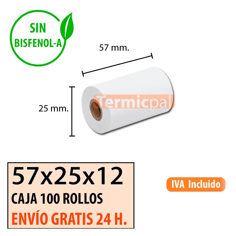 100 ROLLOS DE PAPEL TÉRMICO 57x25x12