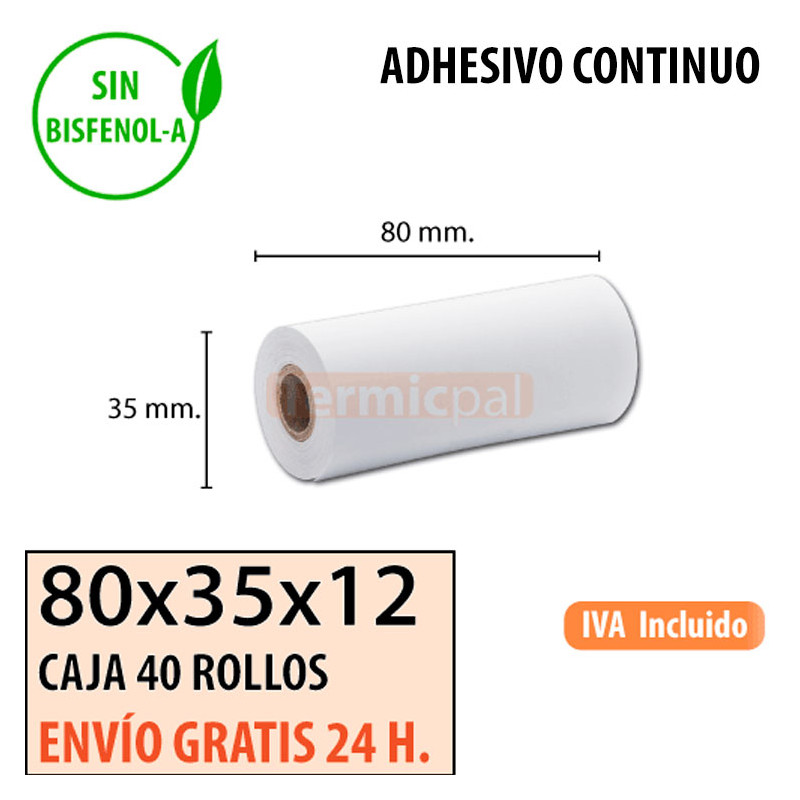 Papel térmico 80x35x12 Adhesivo continuo Envío Urgente Gratis