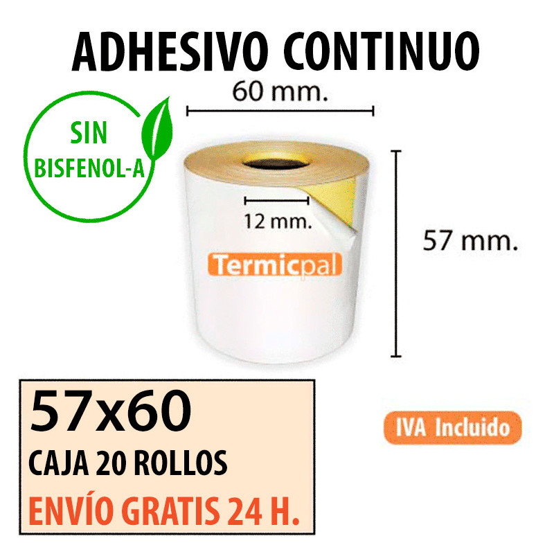 Papel térmico 57x60x12 Adhesivo continuo Envío Urgente Gratis