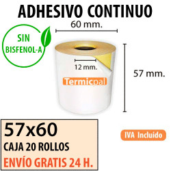 Papel térmico 57x60x12 Adhesivo continuo Envío Urgente Gratis