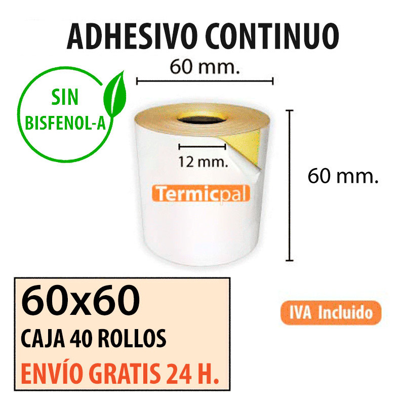 Papel térmico 60x60x12 Adhesivo continuo Envío Urgente Gratis