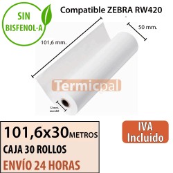 Caja 30 Rollos Termicos 101.6mm ancho x continuo (30 m). Para ZEBRA QL420 y RW420