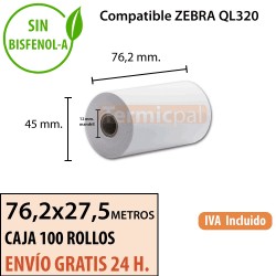 Caja 100 Rollos Termicos 76.2mm ancho x continuo 27.5m. Para ZEBRA QL320