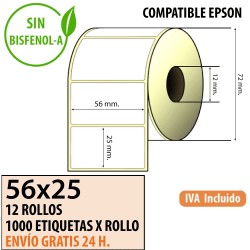 56X25 – 12 Rollos de Etiquetas Térmicas ESPECIAL EPSON